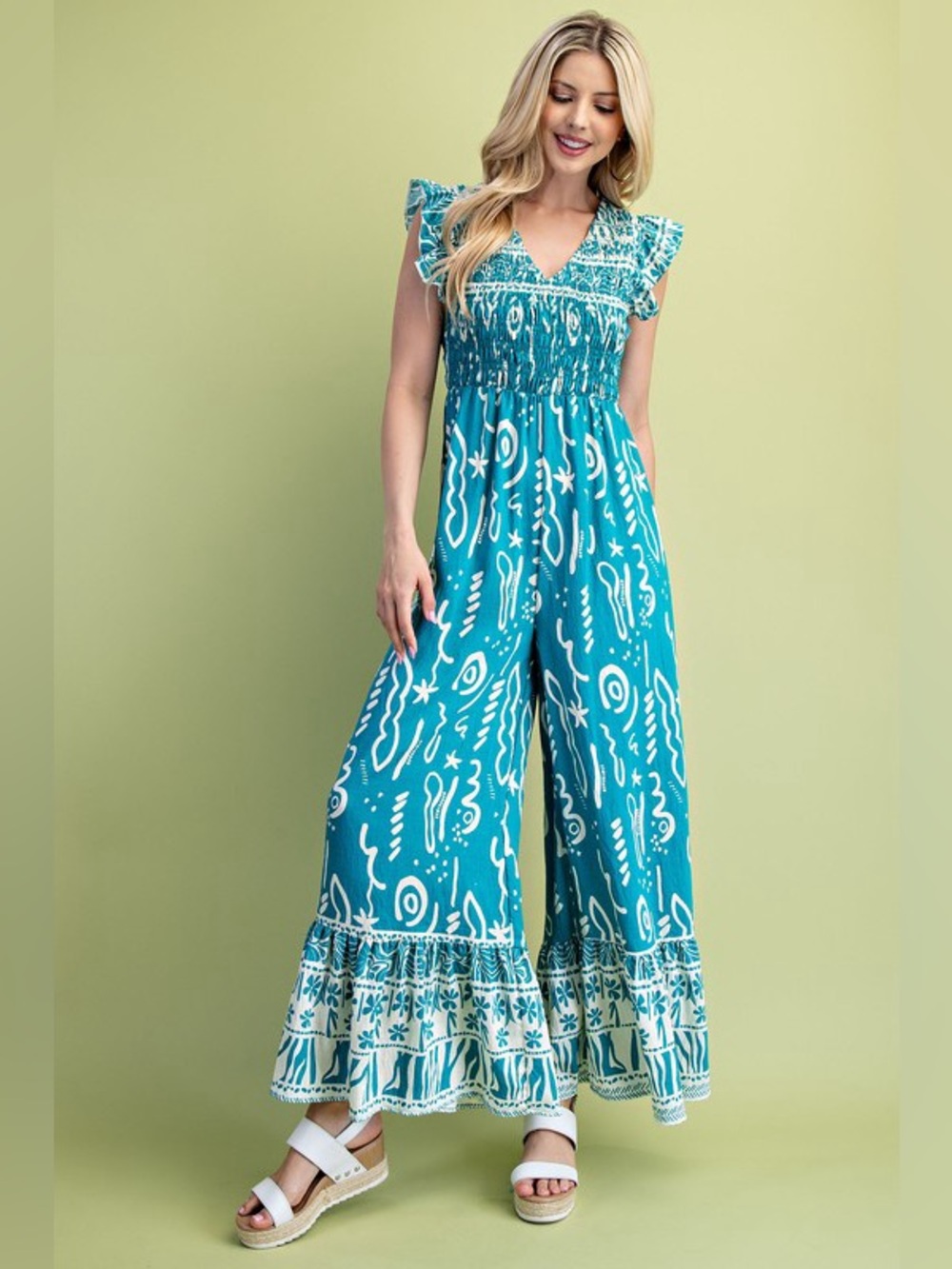 Green Printed Smocked-Waist Wide-Leg Jumpsuit Small NEW - Picture 2 of 6